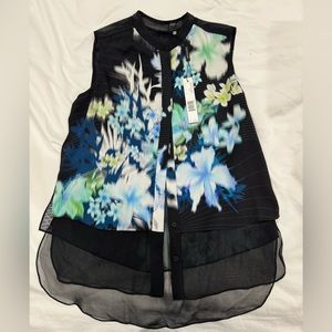 NWT Vintage Elie Tahari Silk and Mesh Black Multi Floral Top